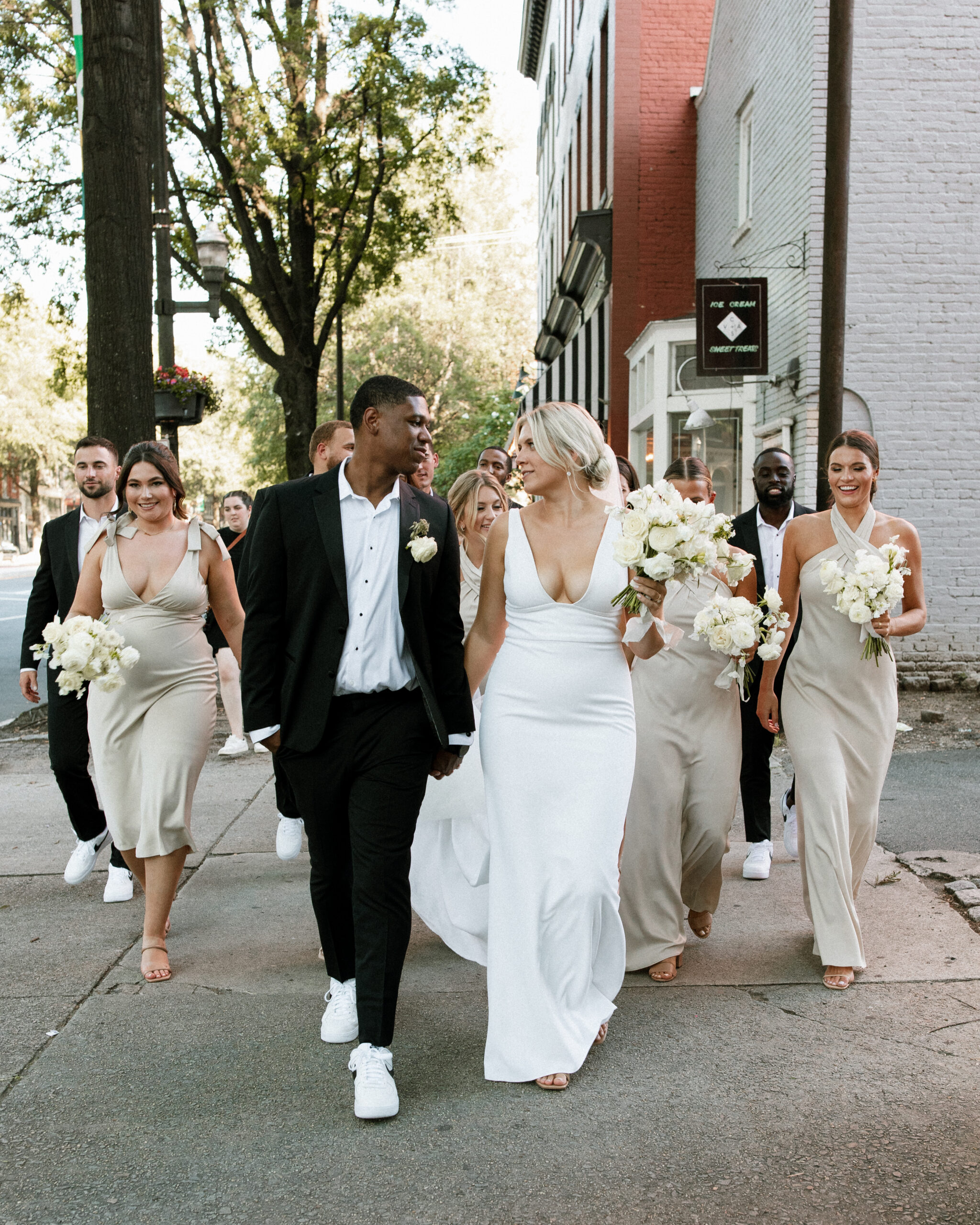 Wedding Party Walking on Sidewalk in Downtown Richmond