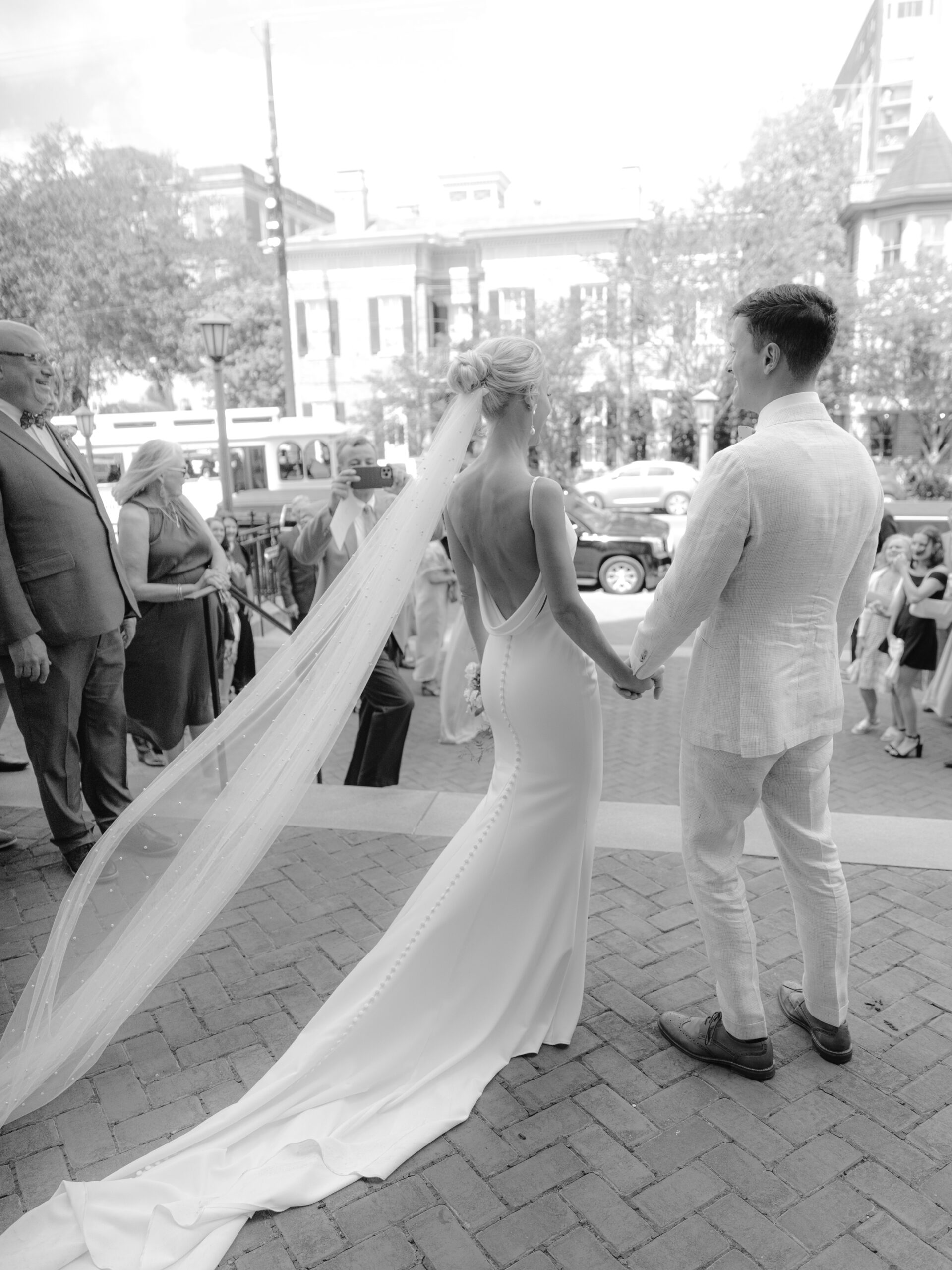 Black and White Wedding Photo Outside of Cathedral Basilica of St. John the Baptist
