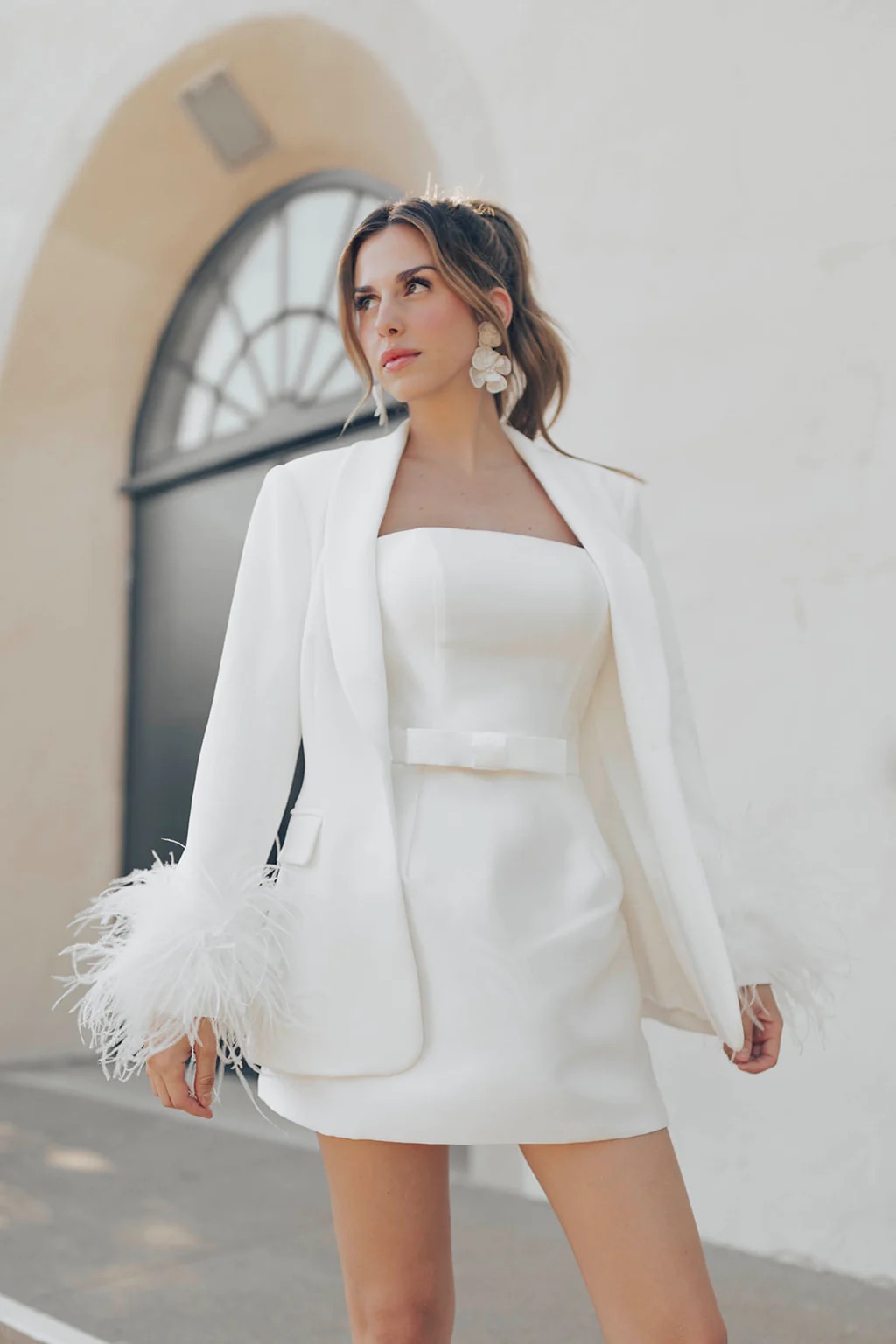 Short Blazer Wedding Dress With Feathers